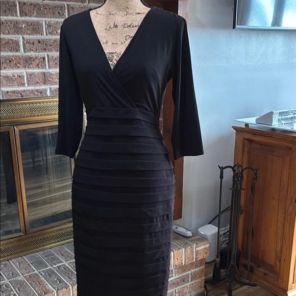 Ann Taylor Black Sheath Dress V-Neck 3/4 Sleeve